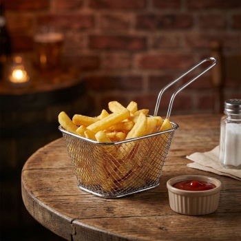 Eleganter Mini Servierkorb verchromt - kleiner Pommeskorb- Robuster Gitterkorb mit Griff für Snack-Präsentationen