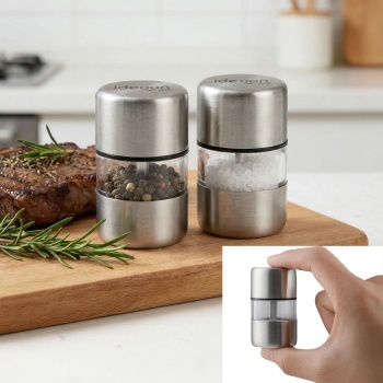 2er-Set Mini Salz- Pfeffermühle Set aus Edelstahl mit Keramikmahlwerk - Gewürzmühle für Salz Pfeffer Kräuter - Acrylglas Sichtfenster - Silber