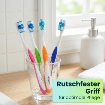 Preview: Zahnbürsten 24er-Pack mit Zungenreiniger – Medium Handzahnbürsten Set in 4 Farben für die Familie – Rutschfester Griff für optimale Pflege