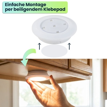 Preview: LED Unterbauleuchten 6er Set mit Fernbedienung & Touch - Batteriebetrieben Dimmbar Neutralweiss - Selbstklebende Spotlights mit Timer Ø9x2cm 3W