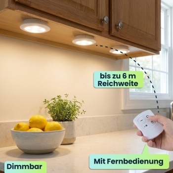 Preview: LED Unterbauleuchten 6er Set mit Fernbedienung & Touch - Batteriebetrieben Dimmbar Neutralweiss - Selbstklebende Spotlights mit Timer Ø9x2cm 3W