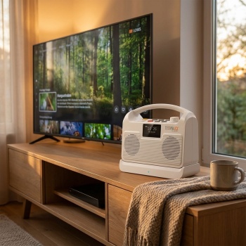 Kabelloser TV Lautsprecher: Mobile Hörhilfe für Fernseher - Basisstation, Bluetooth, LCD, Radio, SOS & Optischer Anschluss - Perfekt für Senioren