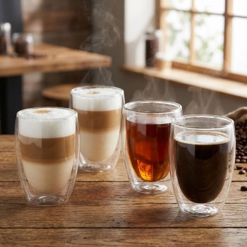 4er-Set Doppelwandiges Kaffee-Glas, je 350 ml, Schwebeeffekt, hitzebeständiges Barista Glas, Cappuccino, Latte-Macchiato, Tee