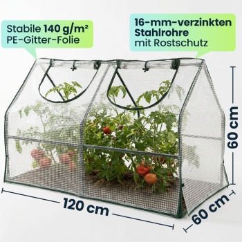 Preview: Folien-Gewächshaus 120x60x60 cm, Tomatenhaus mit A-Dach, 16mm verzinkter Stahl, 140g/m² PE-Folie, UV-Schutz & 2 Fenster mit Reissverschluss