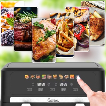 Preview: Premium Doppelkorb Heißluftfritteuse, Dual Zone, 2x 4,5 l - Air Fryer Edelstahl / ABS, 11 Kochprogramme, LED Touch Farbdisplay, Antihaft, 2800W 