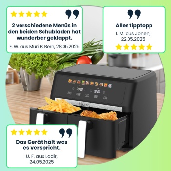 Preview: Premium Doppelkorb Heißluftfritteuse, Dual Zone, 2x 4,5 l - Air Fryer Edelstahl / ABS, 11 Kochprogramme, LED Touch Farbdisplay, Antihaft, 2800W 