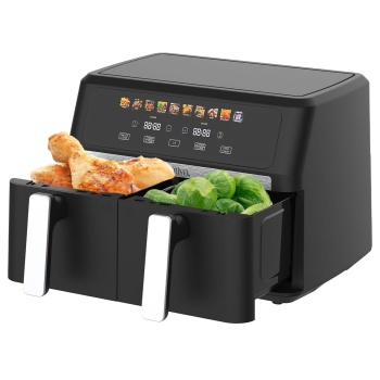 Preview: Premium Doppelkorb Heißluftfritteuse, Dual Zone, 2x 4,5 l - Air Fryer Edelstahl / ABS, 11 Kochprogramme, LED Touch Farbdisplay, Antihaft, 2800W 