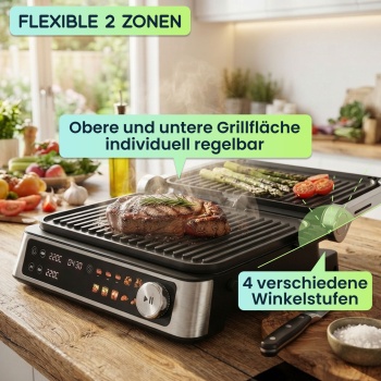 Preview: Vielseitiger Kontakt-Grill mit Farbdisplay & 2 Zonen: Leistungsstarker Elektrogrill für Steak, Sandwich, Fisch & Gemüse – Perfekter Tischgrill
