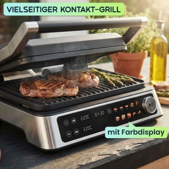 Preview: Vielseitiger Kontakt-Grill mit Farbdisplay & 2 Zonen: Leistungsstarker Elektrogrill für Steak, Sandwich, Fisch & Gemüse – Perfekter Tischgrill