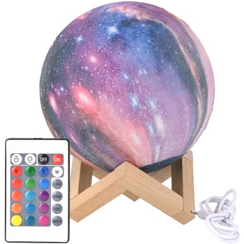 Preview: 3D Galaxy Mond Lampe 15cm mit 16 Farben – Dimmbare LED Mondlampe inklusive Fernbedienung und Holzständer - Akku Nachtlicht & Deko