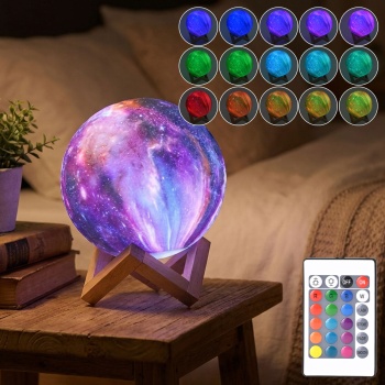3D Galaxy Mond Lampe 15cm mit 16 Farben – Dimmbare LED Mondlampe inklusive Fernbedienung und Holzständer - Akku Nachtlicht & Deko