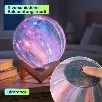 Preview: 3D Galaxy Mond Lampe 15cm mit 16 Farben – Dimmbare LED Mondlampe inklusive Fernbedienung und Holzständer - Akku Nachtlicht & Deko
