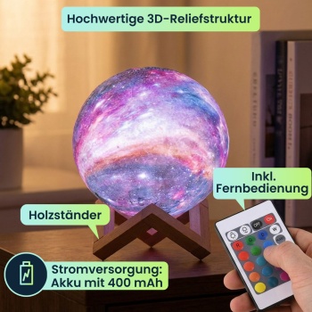 Preview: 3D Galaxy Mond Lampe 15cm mit 16 Farben – Dimmbare LED Mondlampe inklusive Fernbedienung und Holzständer - Akku Nachtlicht & Deko