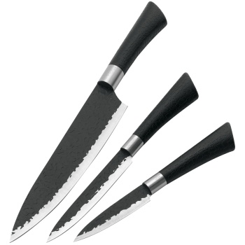 Preview: Profi Küchenmesser Set 3-teilig – Edles Hammerschlag Design in Schwarz mit ergonomischem Griff & Transportbox - maximale Leistung & präzise Schnitte