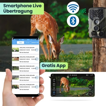 Preview: 2er-Set 4K-UHD-Wildkamera mit 2 PIR Bewegungsmeldern, Smartphone Live Übertragung, Nachtsicht mit 42 IR LEDs, Farbmonitor, WLAN, Stand-by 8 Monate, IP65