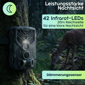 Preview: 2er-Set 4K-UHD-Wildkamera mit 2 PIR Bewegungsmeldern, Smartphone Live Übertragung, Nachtsicht mit 42 IR LEDs, Farbmonitor, WLAN, Stand-by 8 Monate, IP65