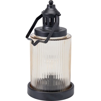 Preview: Stilvolle LED Laterne Glas Amber 14,5x27,5 cm, Schwarz, Metall – Edle Retro Dekoleuchte mit Timer für gemütliches Balkon & Garten Deko