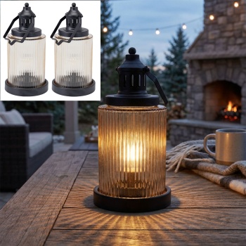 2er-Set Stilvolle LED Laterne Glas Amber 14,5x27,5 cm, Schwarz, Metall – Edle Retro Dekoleuchte mit Timer für gemütliches Balkon & Garten Deko