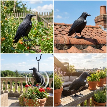 Preview: 2er-Set Realistische Vogelabwehr Krähe mit Sound: Batteriebetriebener Raben Vogelschreck für effektive Vogelabwehr. Natürliche Krähengeräusche zur Abschreckung