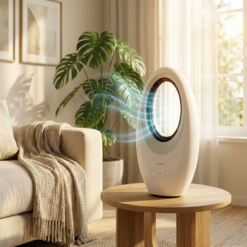 Preview: Rotorloser Tischventilator Weiss – Sicherer Turmventilator mit 60° Oszillation, 4-Farben-Licht, Timer & Fernbedienung, 50W Power