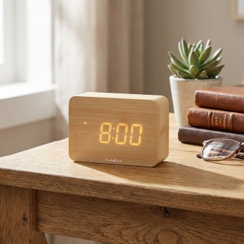 Preview: Edler Digital-Wecker Holz-Optik: Kompakter Tischwecker mit LED-Anzeige, Thermometer, USB & Batterie – ideal für Nachttisch, Büro & Reisen