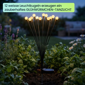 Preview: Solar Glühwürmchenlicht für Garten: 12 bewegliche Leuchtkugeln mit 2 Modi, Erdspiess für stimmungsvolle Gartenbeleuchtung, 65 cm Höhe, wetterfest & dekorativ