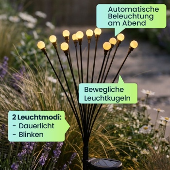 Preview: Solar Glühwürmchenlicht für Garten: 12 bewegliche Leuchtkugeln mit 2 Modi, Erdspiess für stimmungsvolle Gartenbeleuchtung, 65 cm Höhe, wetterfest & dekorativ