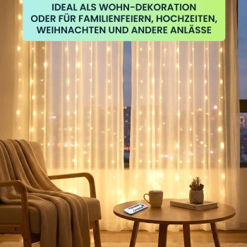 Preview: Eleganter LED-Lichtervorhang 3x3m, 300 warmweisse LEDs: Fernbedienung, 8 Modi, Dimmbar, Timer & USB-Anschluss, ideal für Party, Hochzeit & Wohndeko