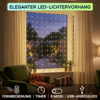 Preview: Eleganter LED-Lichtervorhang 3x3m, 300 warmweisse LEDs: Fernbedienung, 8 Modi, Dimmbar, Timer & USB-Anschluss, ideal für Party, Hochzeit & Wohndeko