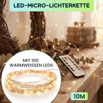 Preview: LED-Micro-Lichterkette 10m mit 100 warmweissen LEDs: Batteriebetrieben, inkl. Fernbedienung, 8 Leuchtmodi & Timer für gemütliche Dekoration