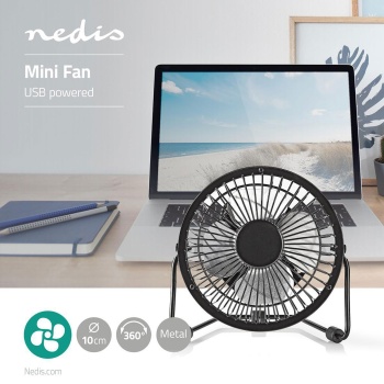 Preview: Kompakter USB Tischventilator aus Metall in Schwarz, Mini Ventilator für Büro & Laptop, 360° drehbar, robust & effizient, 3W, USB-A