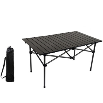 Preview: Campingtisch höhenverstellbar mit Rollplatte aus Metall, Faltbarer Outdoor Tisch für Picknick & Camping, Inkl. Tragetasche, 95,5 x 55,5 x 49,5/80 cm