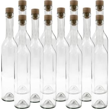 Preview: 12er Set Glasflaschen 500ml mit Korkenverschluss - Transparente Likörflaschen aus Glas zum Befüllen & Lagern, wiederverwendbar