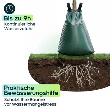 Preview: 4er-Set Baum-Bewässerungssack 75L Wassersack für Bäume - UV- & Wetterbeständiger PE Wasserbeutel mit Reissverschluss & 2 Ösen - 9h Tröpfchenbewässerung