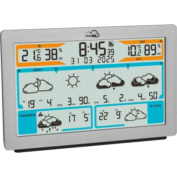 Preview: Präzise WLAN Funk-Wetterstation mit Wetter.com Vorhersage, Digital-Thermometer, Hygrometer, Warnung - stabil & präzise in Metall-Optik