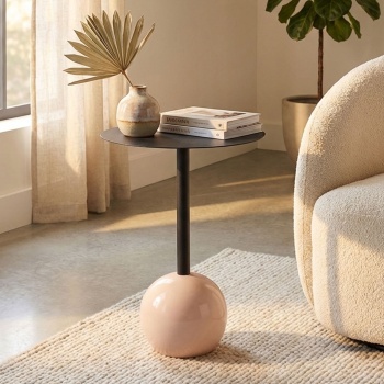 Design Beistelltisch mit runder Tischplatte, schwarz-beige – Moderner Säulenfuss mit Kugel als Standbein – Dekorativer Ablagetisch