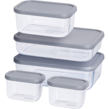 Preview: Frischhaltedosen Set 5-teilig aus Borosilikat-Glas – Ofenfest mit grauen Deckeln – 2x300ml, 750ml, 1200ml, 1700ml für frische Vorräte und Meal Prep