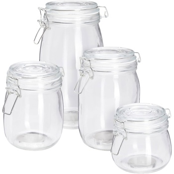 Preview: Vorratsgläser Set mit Metall-Spannverschluss – 4 Gläser (500ml, 750ml, 1000ml, 1500ml) mit Dichtungsring – Elegante Aufbewahrung für Deine Vorräte