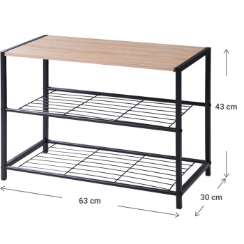 Preview: Metall Schuhregal mit 2 Gitter-Ebenen und Holzdekor Ablage – Kompakte Schuhablage 63x30x43 cm, Stabiler Schuhorganizer für Flur, Eingangsbereich und Garderobe