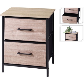 Preview: Stilvoller Beistellschrank mit 2 Schubladen & Metallrahmen: Moderner Nachtschrank in Holzoptik für Schlafzimmer & Flur, 45x30x54 cm