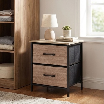 Stilvoller Beistellschrank mit 2 Schubladen & Metallrahmen: Moderner Nachtschrank in Holzoptik für Schlafzimmer & Flur, 45x30x54 cm