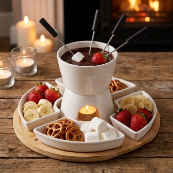 Edles Schokoladen-Fondue-Set 11-teilig mit Bambustablett, Schalen & Gabeln – Perfekt für Dessert, Party, Date & süssen Schoko-Genuss