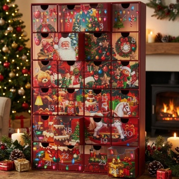 Wunderschöner Adventskalender mit Weihnachtsmann-Motiv – Hochwertiger Weihnachtskalender zum Befüllen & Dekoration für Weihnachten, 25,7x6,4x38,3 cm
