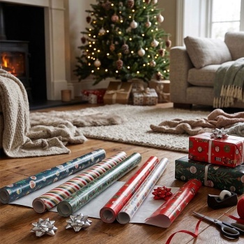 Preview: Geschenkpapier Set: Kraftpapier 5 Rollen 70x200 cm mit Geschenkband & Schleifen: Hochwertiges Verpackungsset für Weihnachtsgeschenke