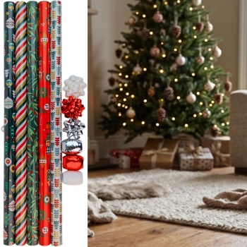 Geschenkpapier Set: Kraftpapier 5 Rollen 70x200 cm mit Geschenkband & Schleifen: Hochwertiges Verpackungsset für Weihnachtsgeschenke