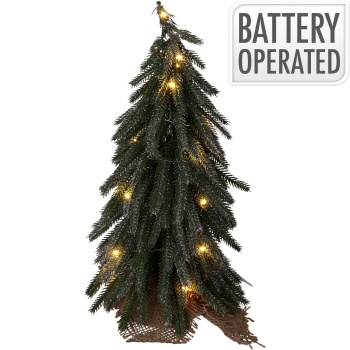 Preview: Künstlicher Mini LED Weihnachtsbaum mit Holz-Fuss 35 cm: Schöner kleiner Christbaum mit Glitzer für festliche Tischdeko & Winter-Dekoration