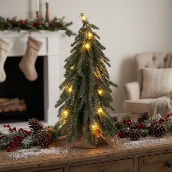 Künstlicher Mini LED Weihnachtsbaum mit Holz-Fuss 35 cm: Schöner kleiner Christbaum mit Glitzer für festliche Tischdeko & Winter-Dekoration