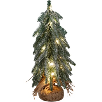 Preview: Künstlicher Mini LED Weihnachtsbaum mit Holz-Fuss 27 cm: Schöner kleiner Christbaum mit Glitzer für festliche Tischdeko & Winter-Dekoration