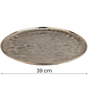 Preview: Dekoteller gold rund 39 cm aus Metall, Dekoplatte mit Rillenmuster für Adventsgesteck, Kerzenteller & Tischdeko, edle Weihnachtsdeko im Goldfinish