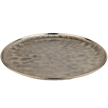 Preview: Dekoteller gold rund 39 cm aus Metall, Dekoplatte mit Rillenmuster für Adventsgesteck, Kerzenteller & Tischdeko, edle Weihnachtsdeko im Goldfinish